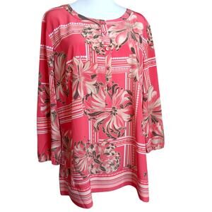 JM COLLECTION Blouse Top‎ 16 XL Coral Pink Floral Bright Colorful Artsy Career